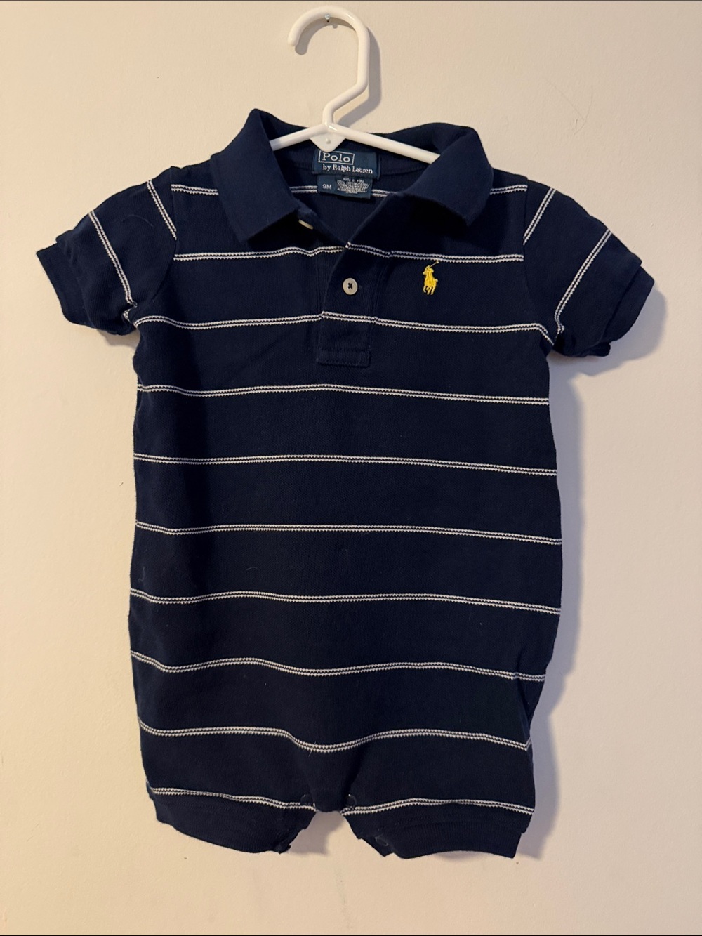 Polo by Ralph Lauren Navy & White Striped Cotton Polo Romper with Yellow Pony